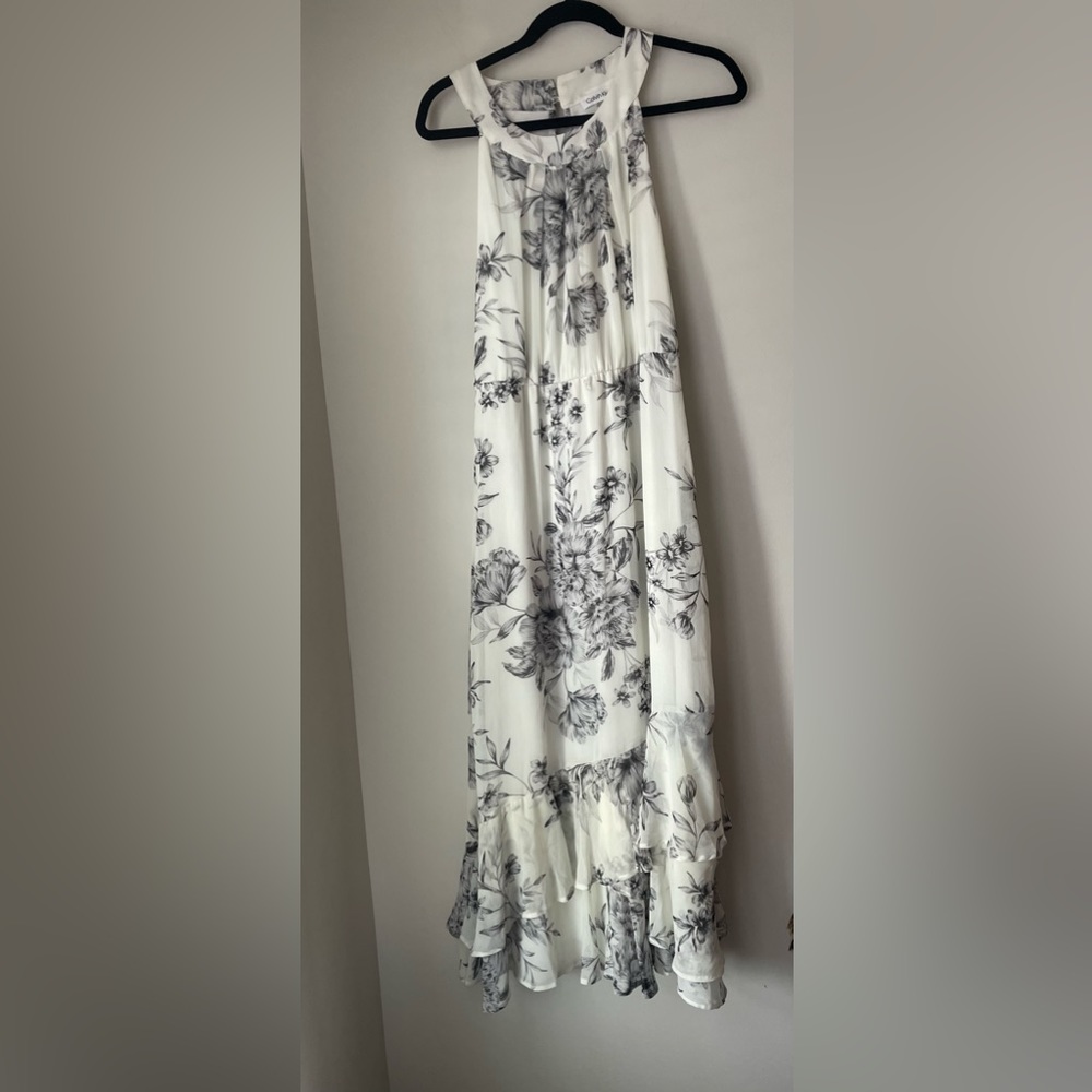 Calvin Klein White Black Floral Motif Sleeveless Ruffle Dress Size 12
